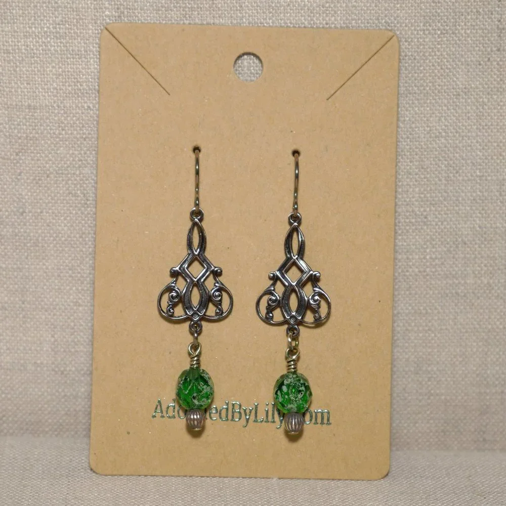 Hand Crafted Handmade Earrings Brass Filigree & Green Czech Glass Bead E… - Picture 2 of 4